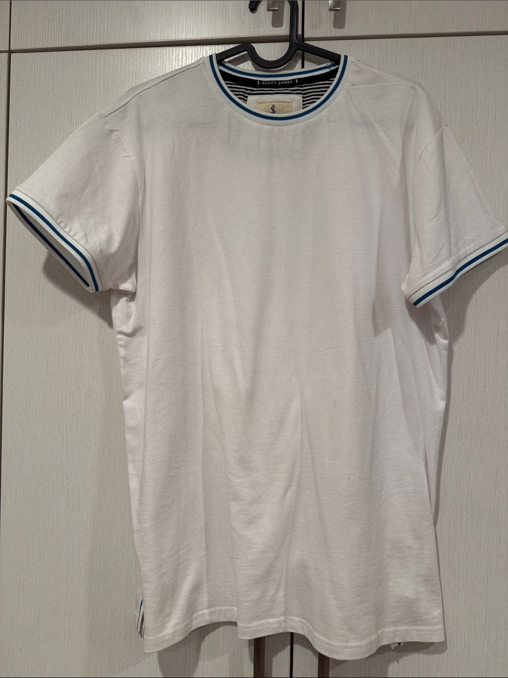 White Short-Sleeve Crew Neck T-Shirt with Blue Stripe Trim